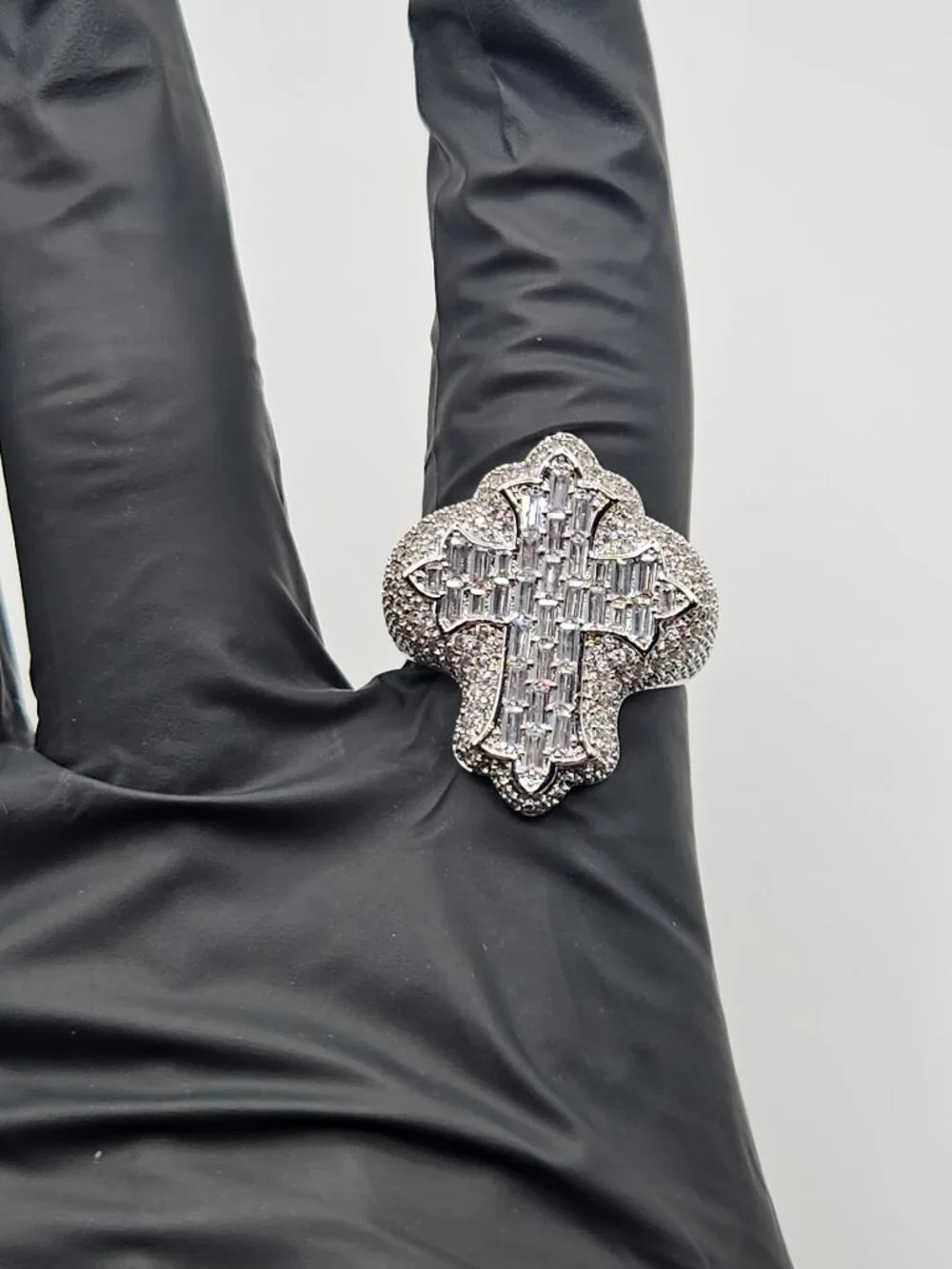 Iced Out Silver Filled Cross Ring 5A CZ Baguette Iced Out Size 11